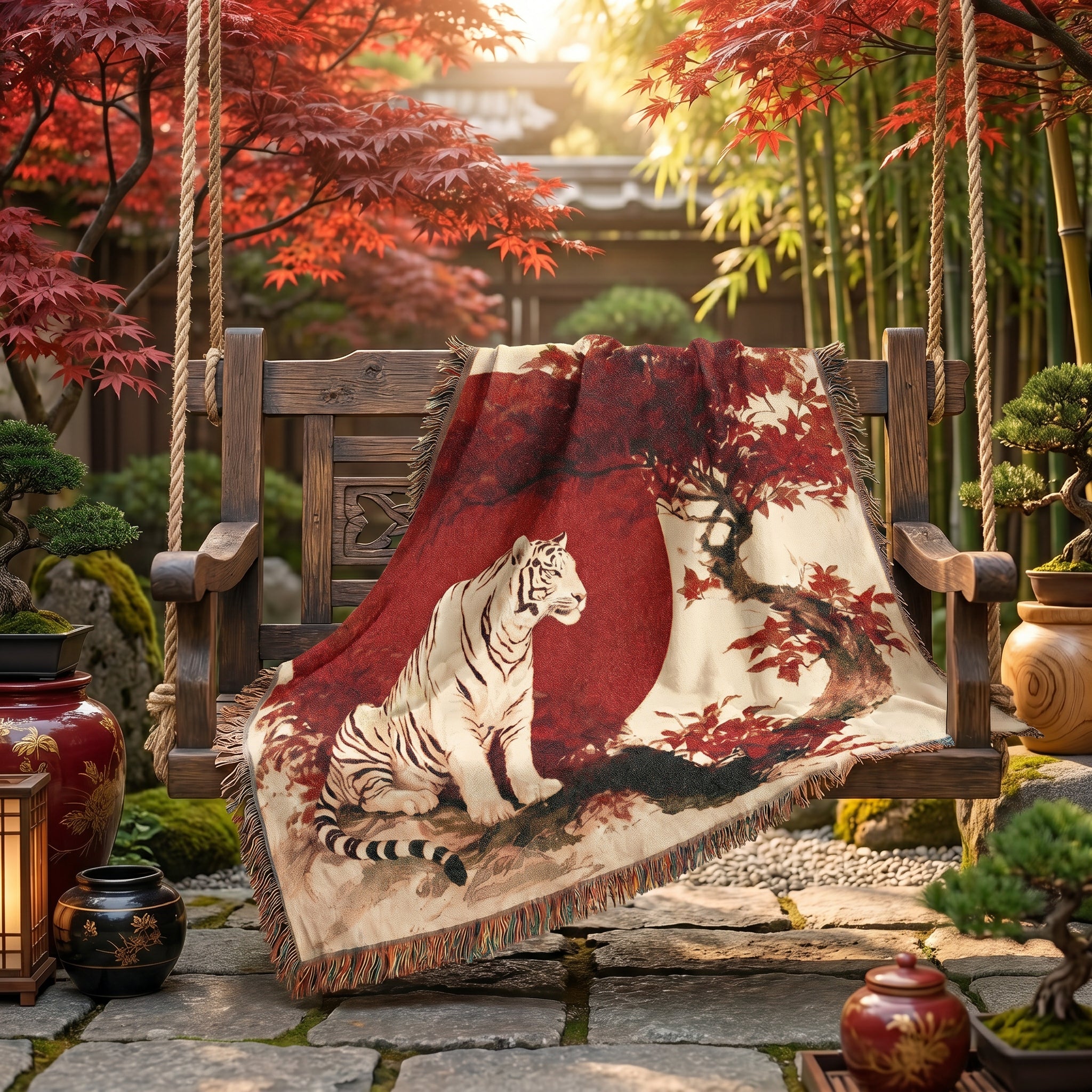 White Tiger Japanese Woven Blanket