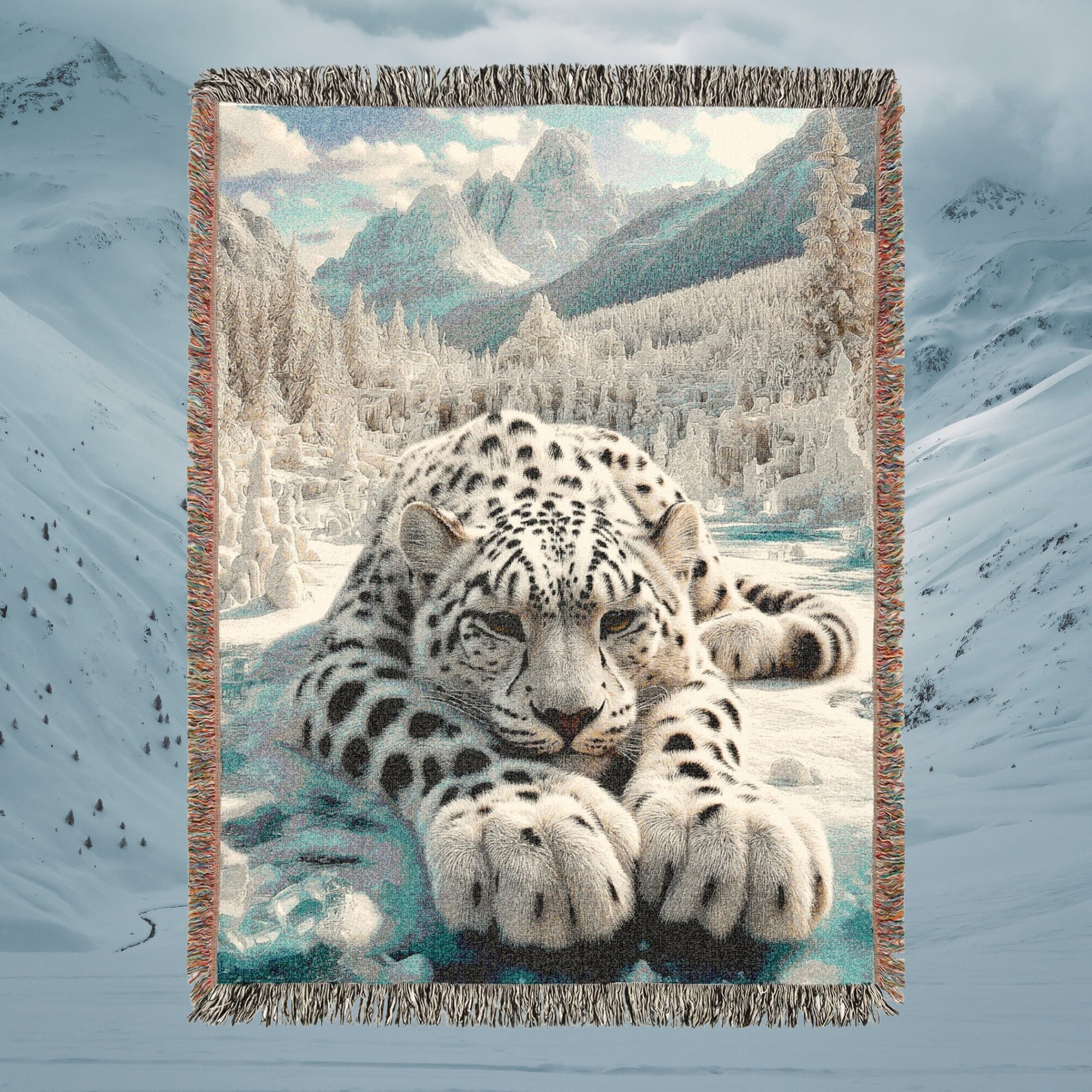 Snow Leopard Mountain Woven Blanket