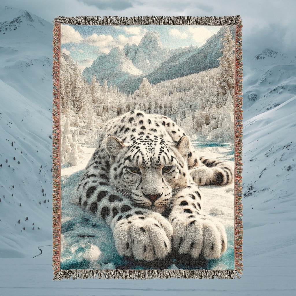 Snow Leopard Mountain Woven Blanket