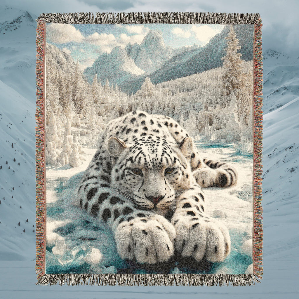 Snow Leopard Mountain Woven Blanket
