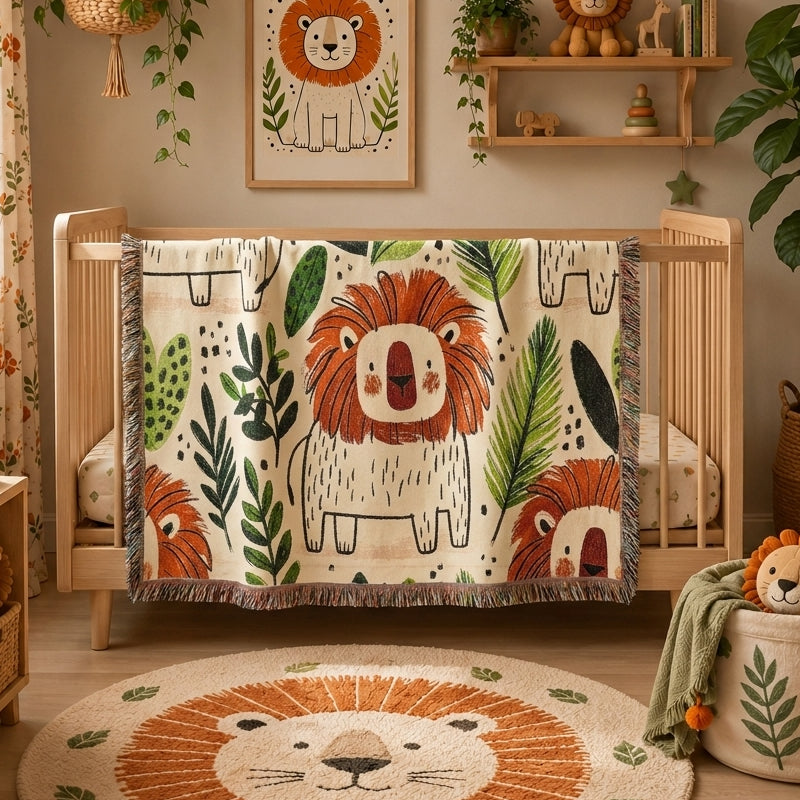 Lion Kids Room Woven Blanket – Safari Nursery Animal Art Throw