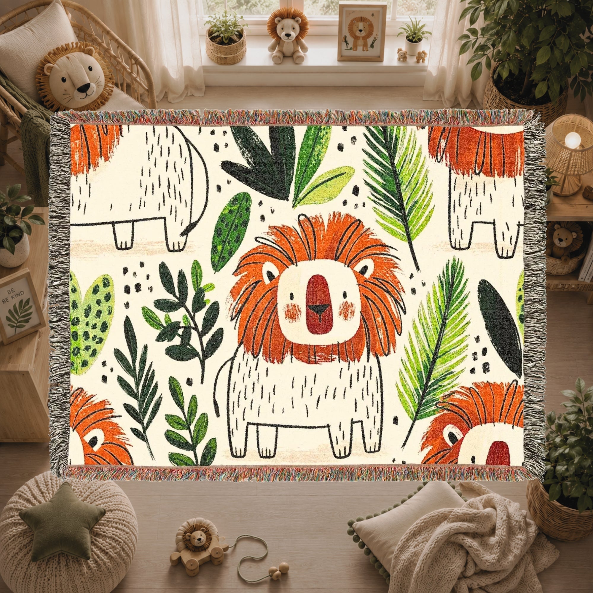 Lion Kids Room Woven Blanket – Safari Nursery Animal Art Throw