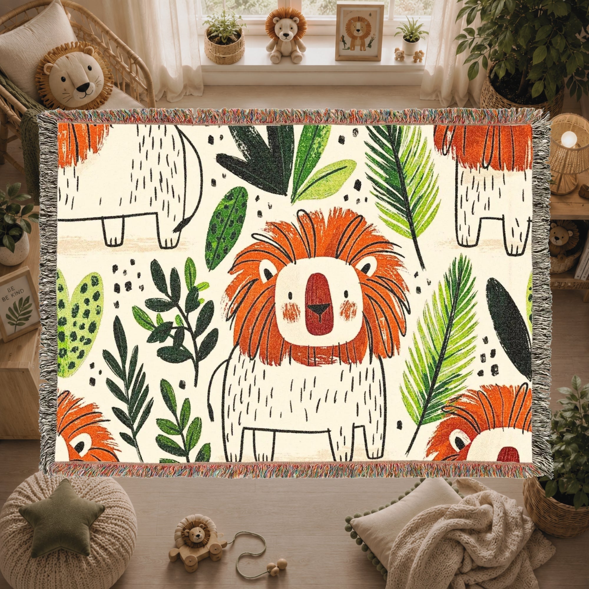 Lion Kids Room Woven Blanket – Safari Nursery Animal Art Throw