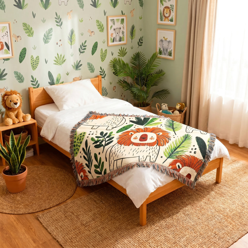 Lion Kids Room Woven Blanket – Safari Nursery Animal Art Throw