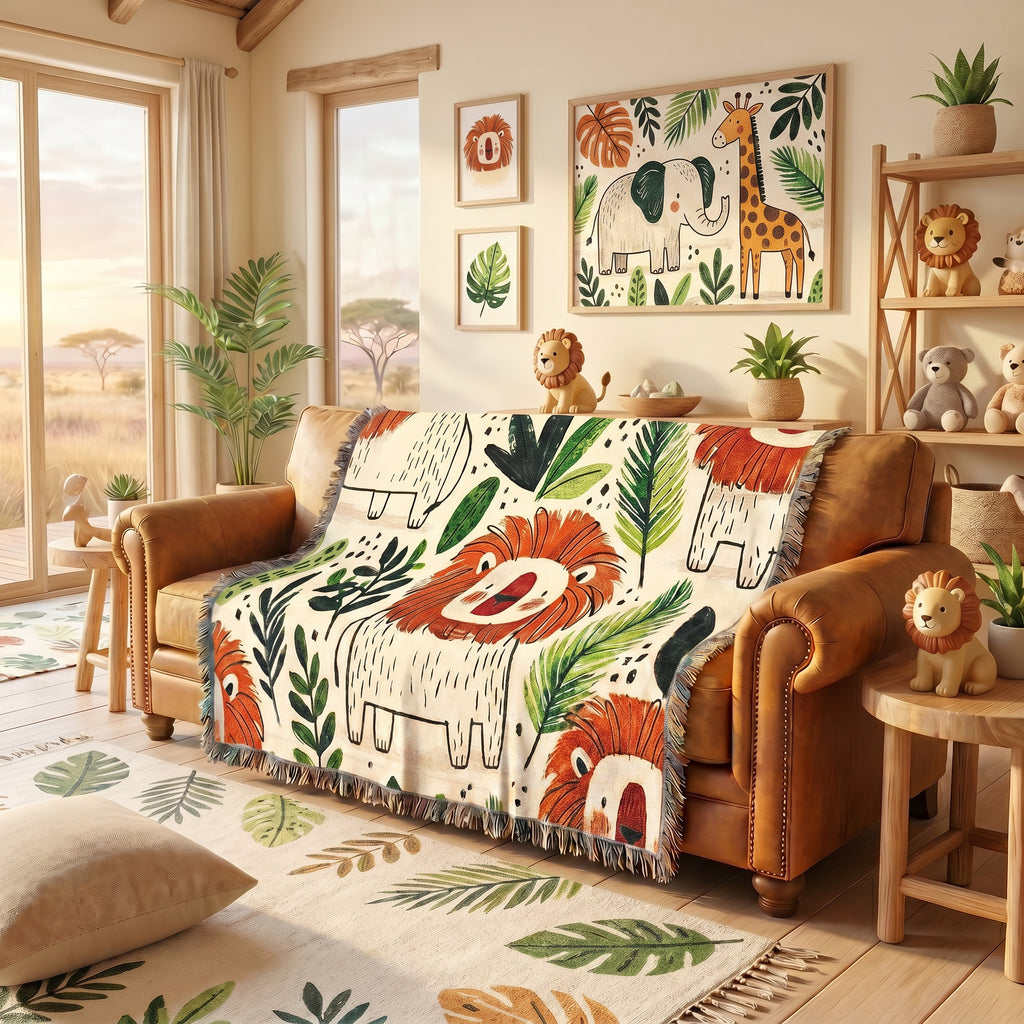 Lion Kids Room Woven Blanket – Safari Nursery Animal Art Throw