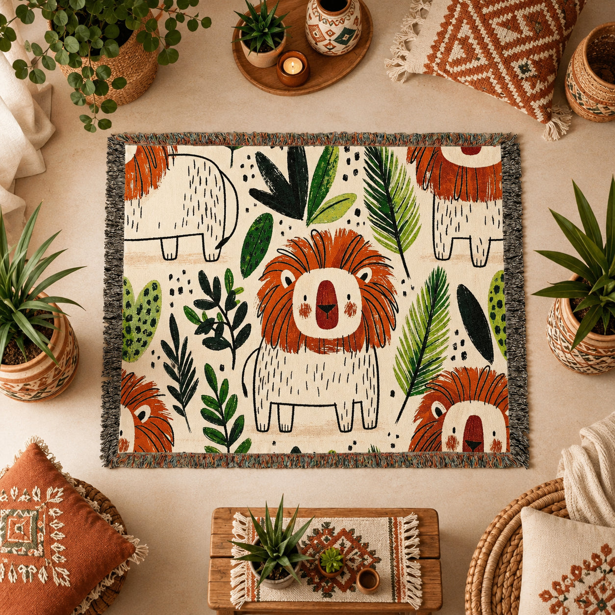 Lion Kids Room Woven Blanket – Safari Nursery Animal Art Throw
