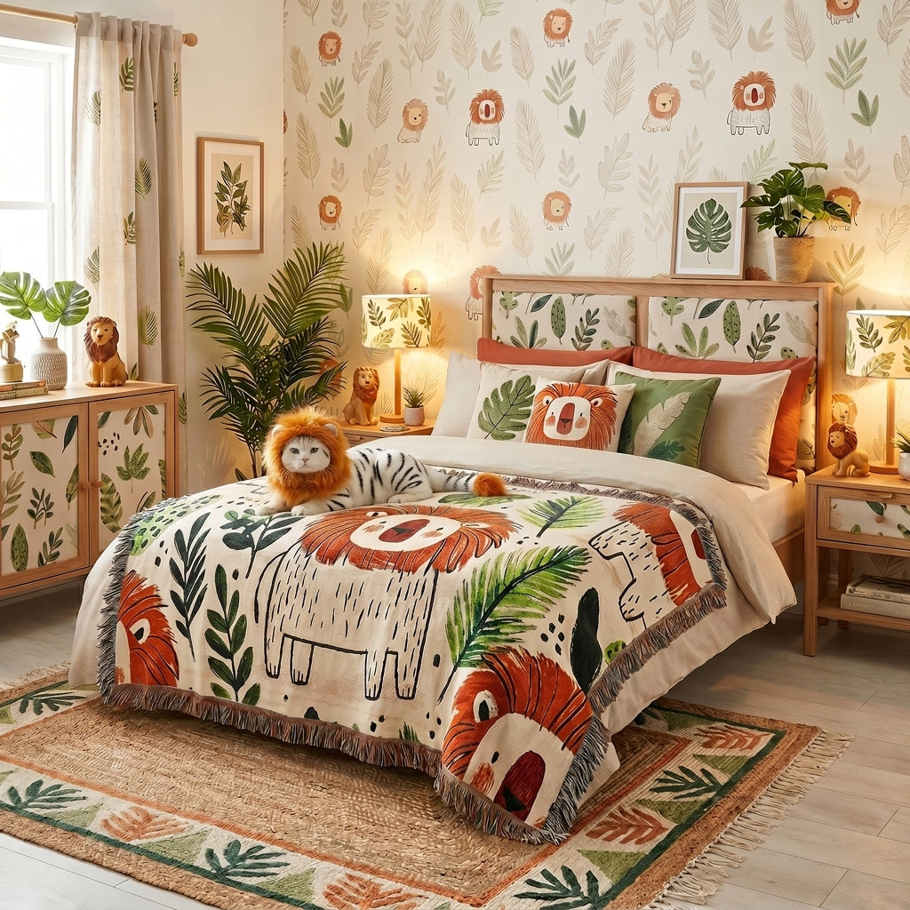 Lion Kids Room Woven Blanket – Safari Nursery Animal Art Throw