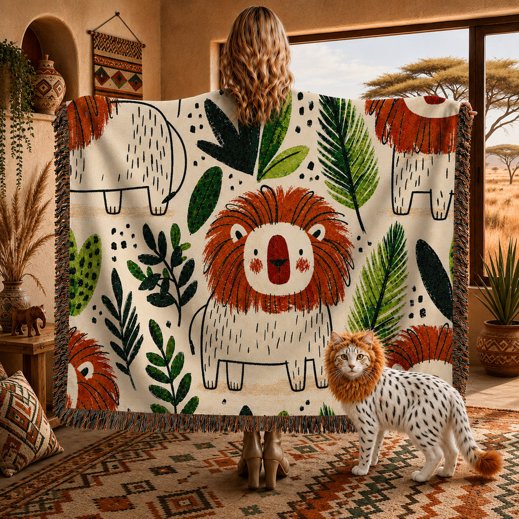 Lion Kids Room Woven Blanket – Safari Nursery Animal Art Throw
