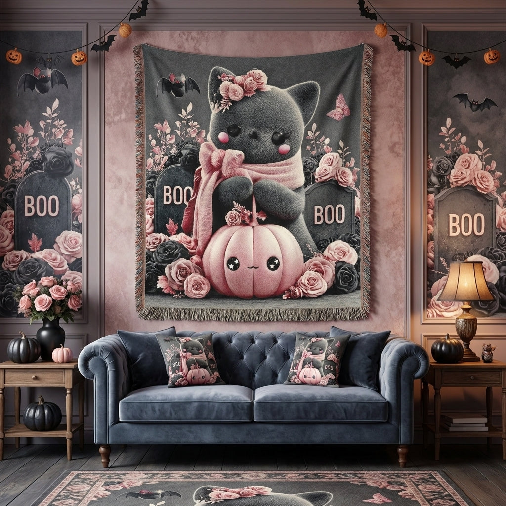 Halloween Cat Kids Woven Blanket – Cute Spooky Throw