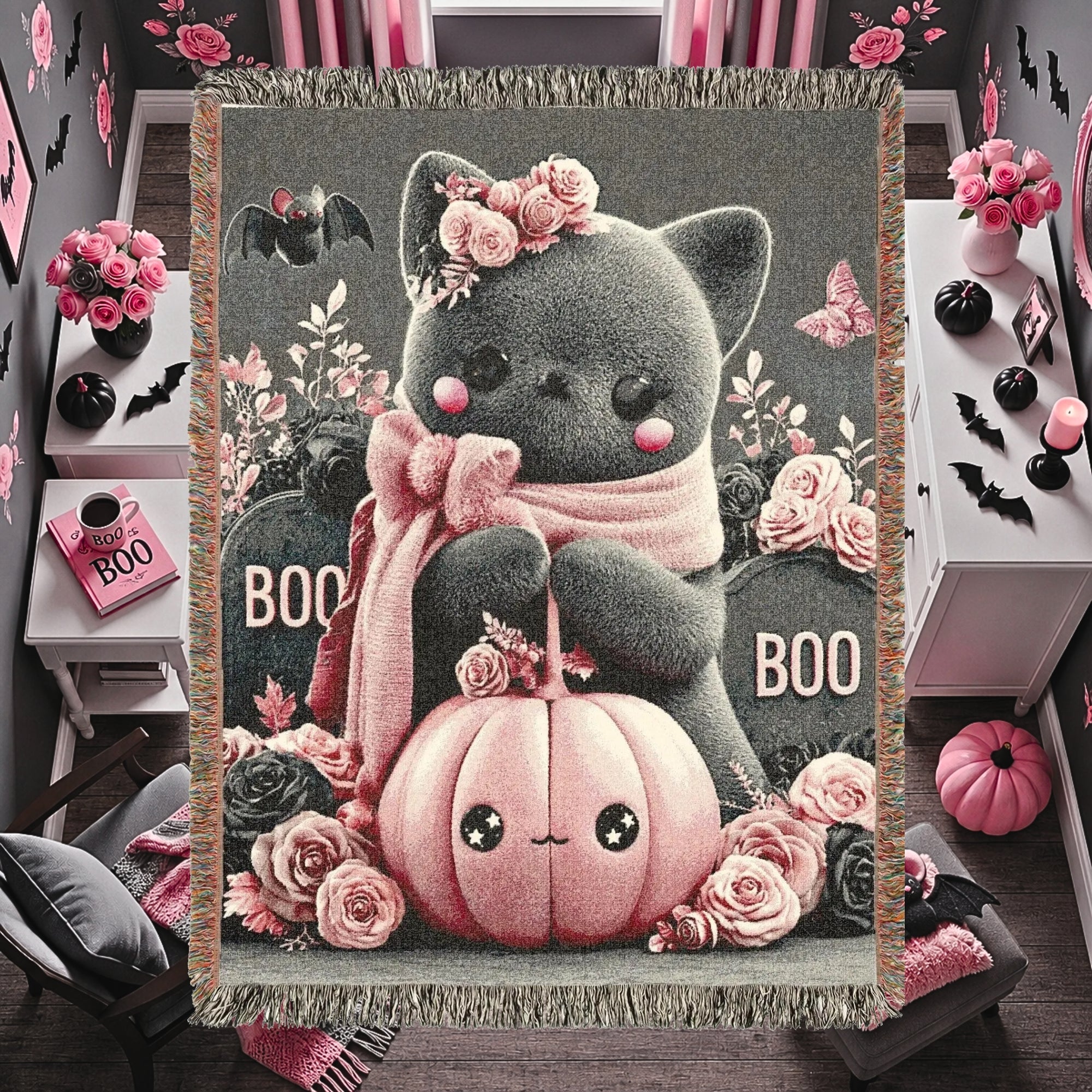 Halloween Cat Kids Woven Blanket – Cute Spooky Throw