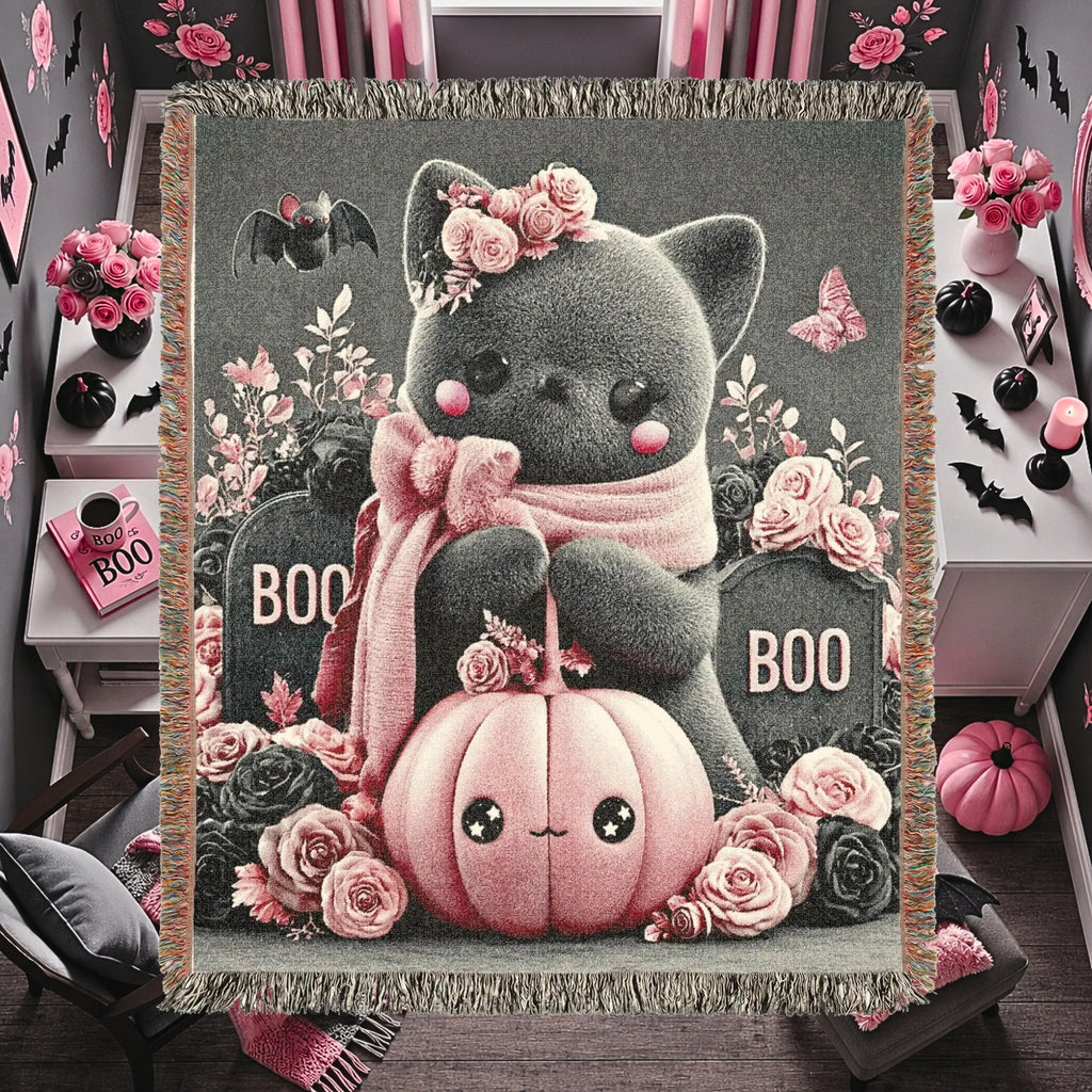 Halloween Cat Kids Woven Blanket – Cute Spooky Throw