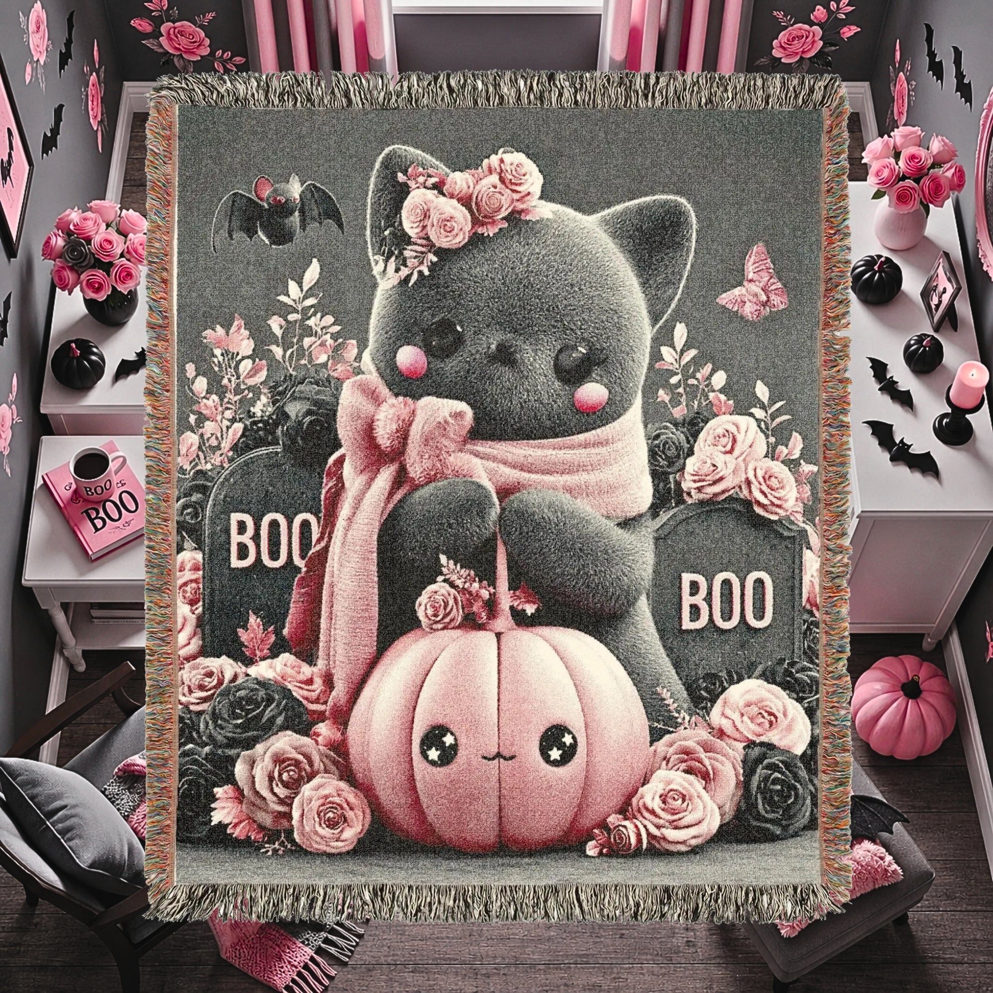 Halloween Cat Kids Woven Blanket – Cute Spooky Throw