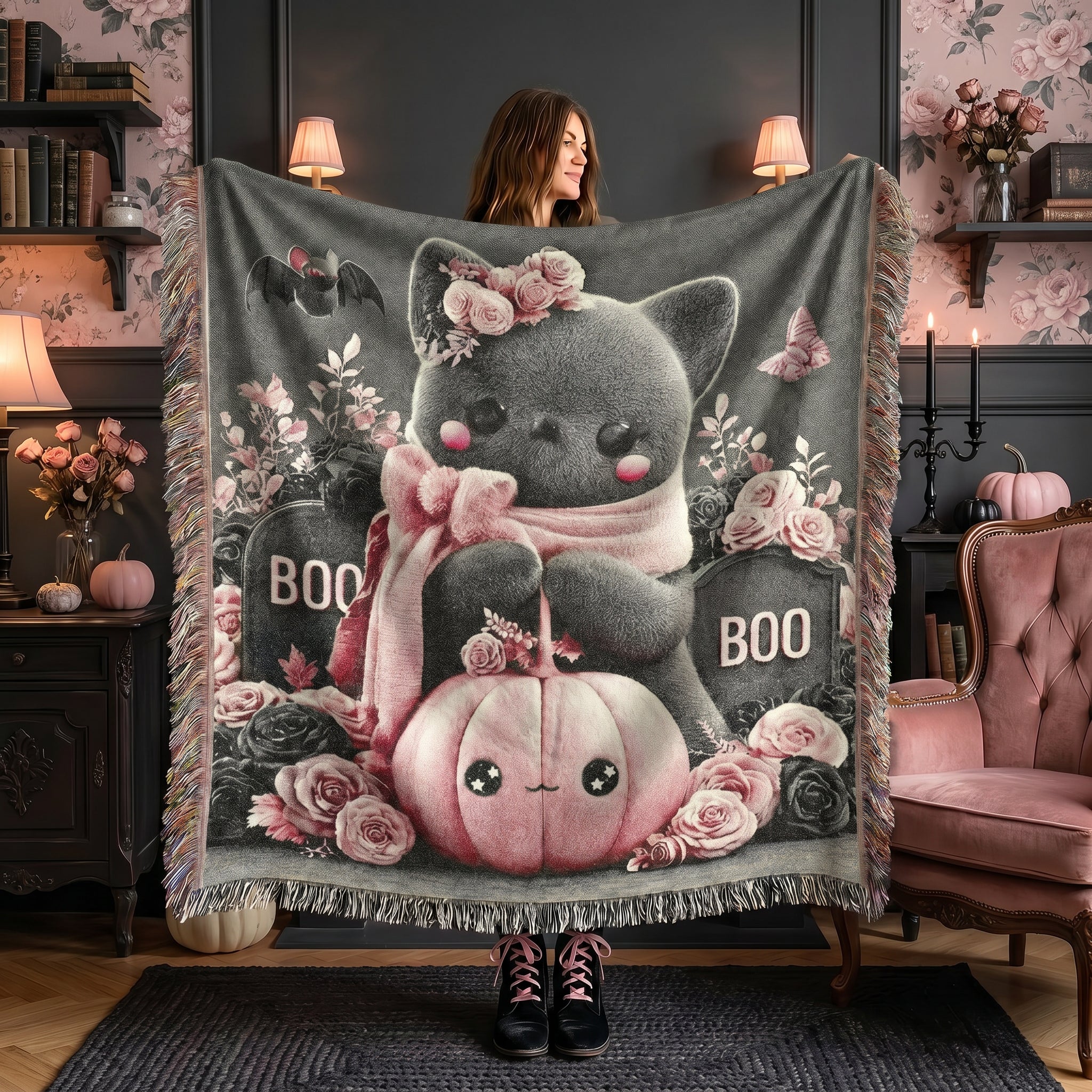 Halloween Cat Kids Woven Blanket – Cute Spooky Throw