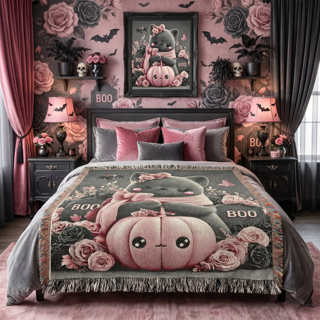 Halloween Cat Kids Woven Blanket – Cute Spooky Throw