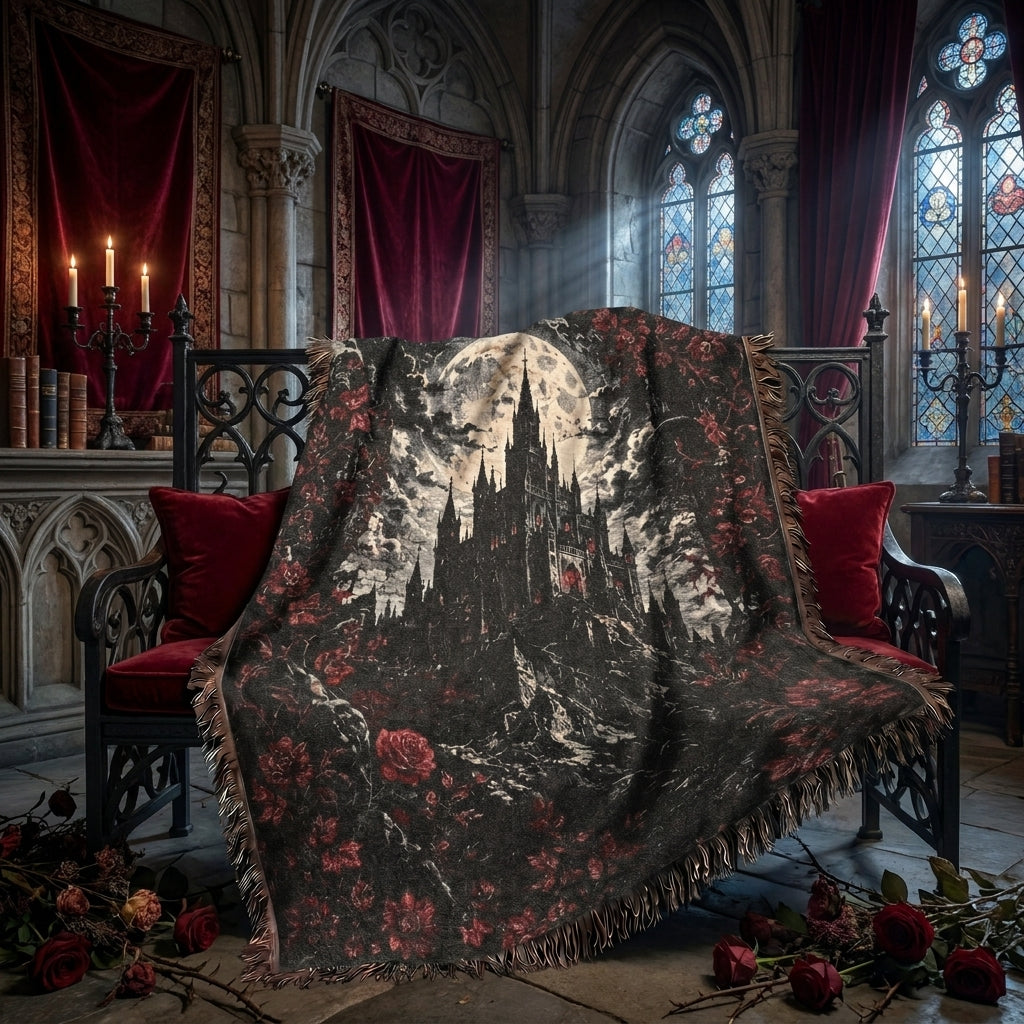 Vampire Castle Woven Blanket – Gothic Floral Throw