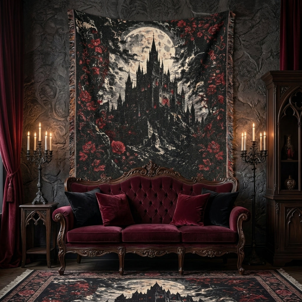 Vampire Castle Woven Blanket – Gothic Floral Throw
