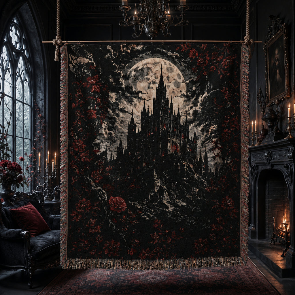 Vampire Castle Woven Blanket – Gothic Floral Throw
