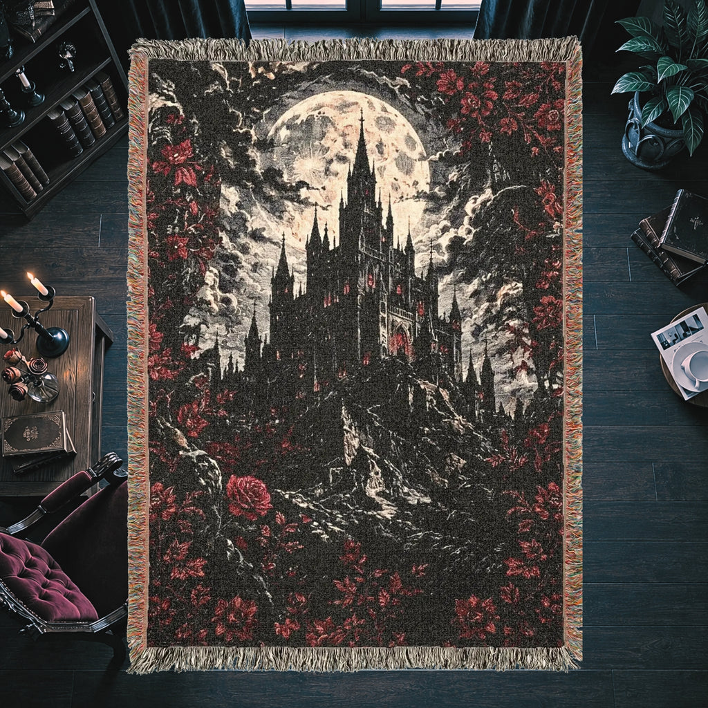 Vampire Castle Woven Blanket – Gothic Floral Throw
