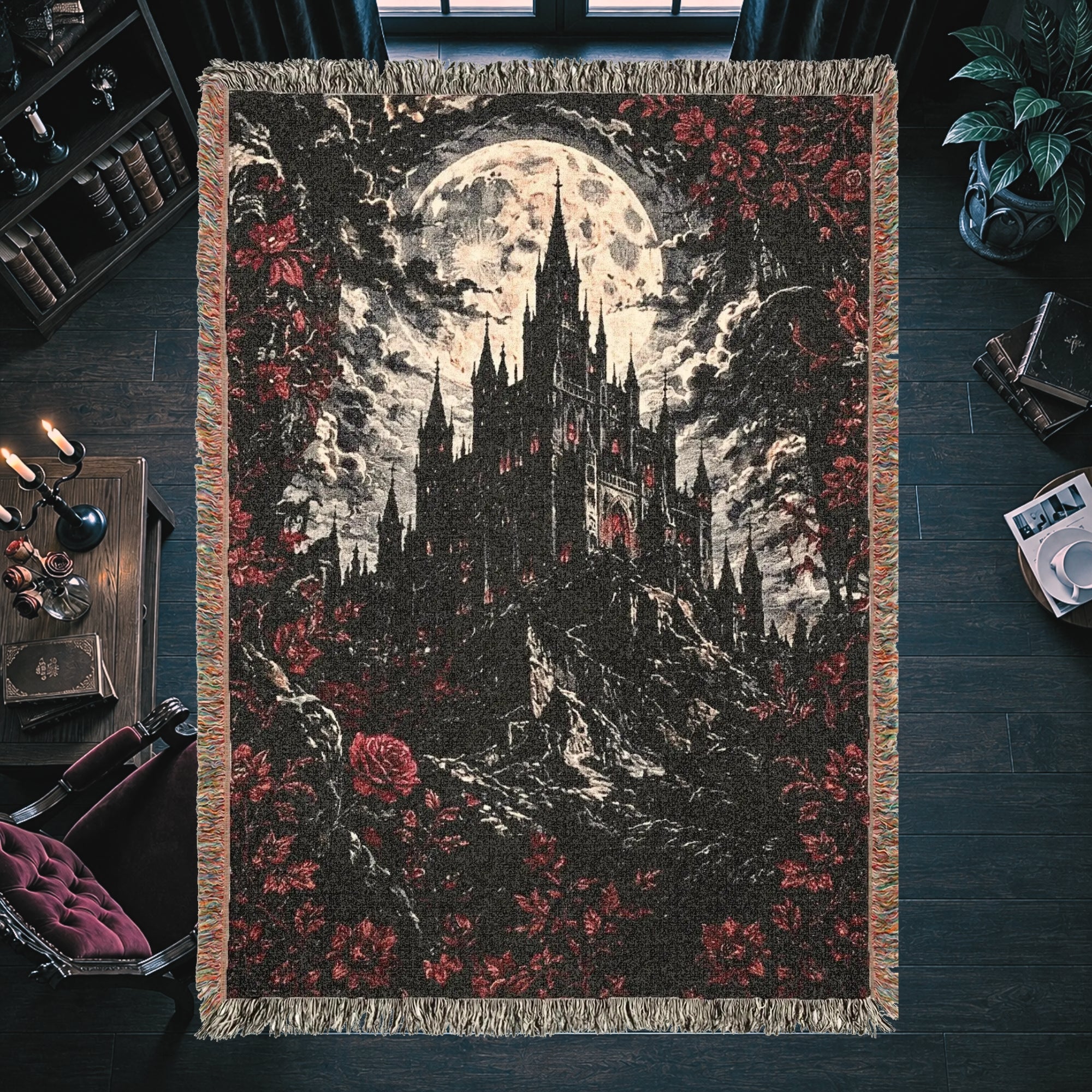 Vampire Castle Woven Blanket – Gothic Floral Throw