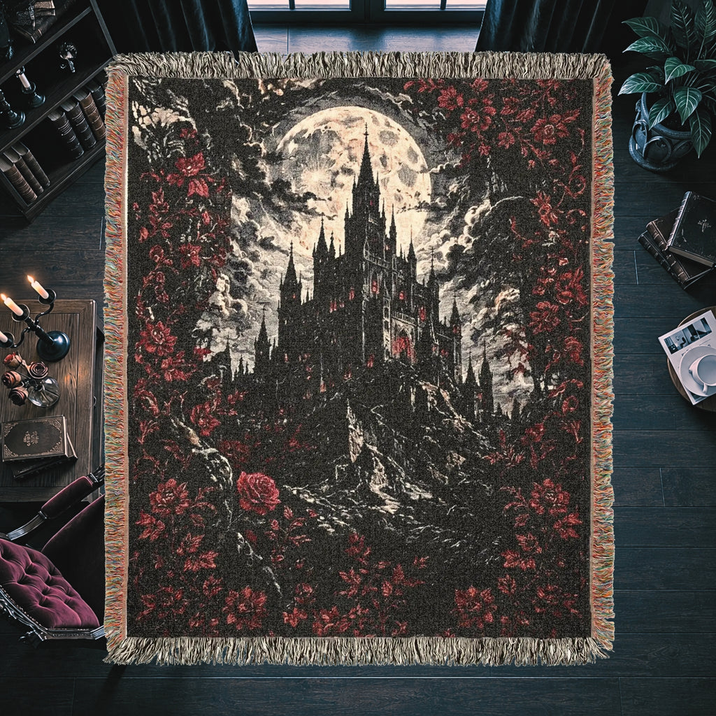 Vampire Castle Woven Blanket – Gothic Floral Throw
