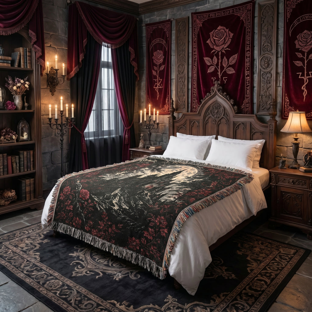 Vampire Castle Woven Blanket – Gothic Floral Throw