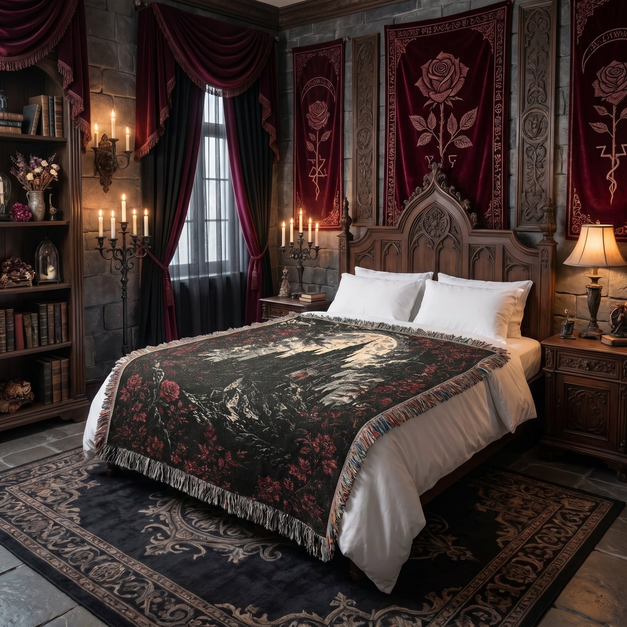 Vampire Castle Woven Blanket – Gothic Floral Throw