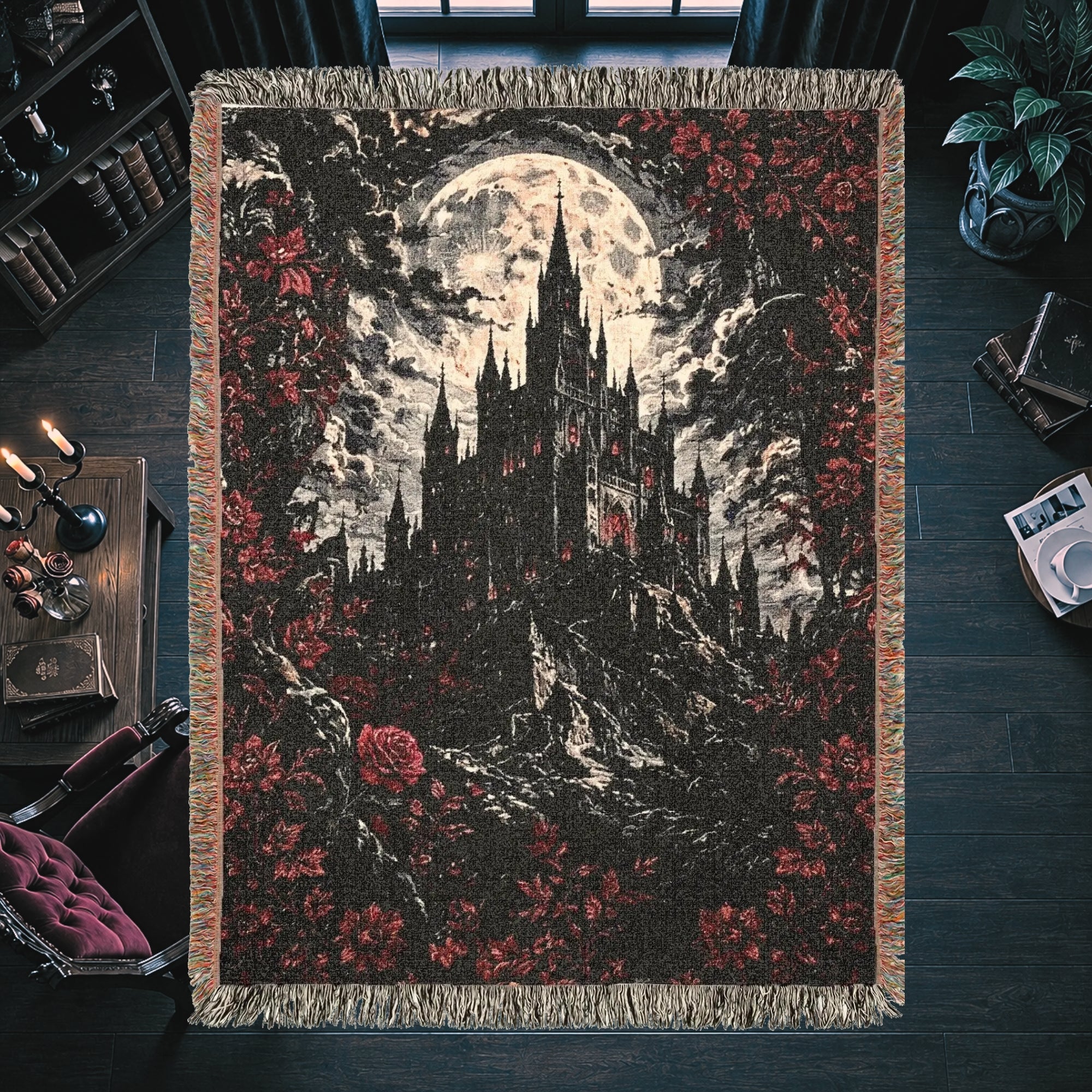 Vampire Castle Woven Blanket – Gothic Floral Throw