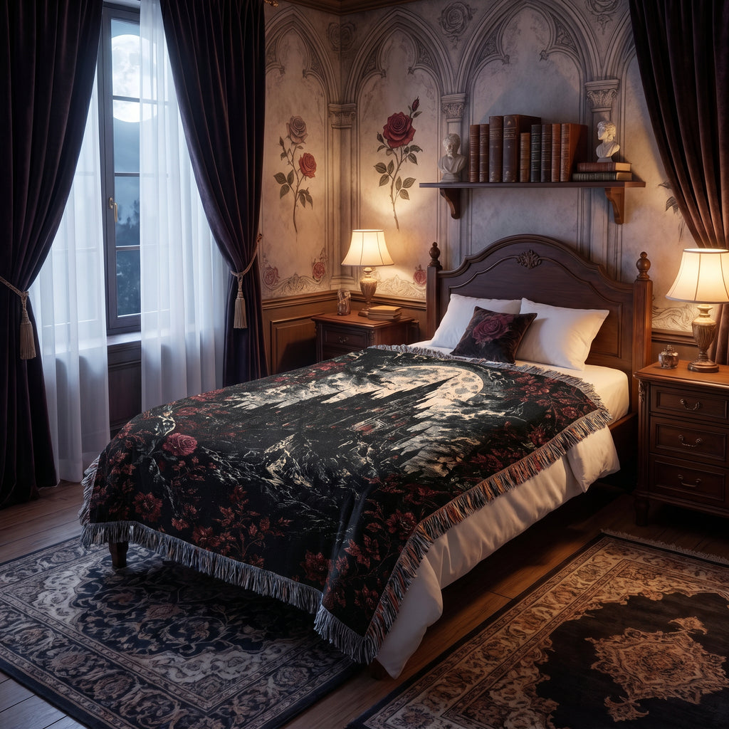 Vampire Castle Woven Blanket – Gothic Floral Throw