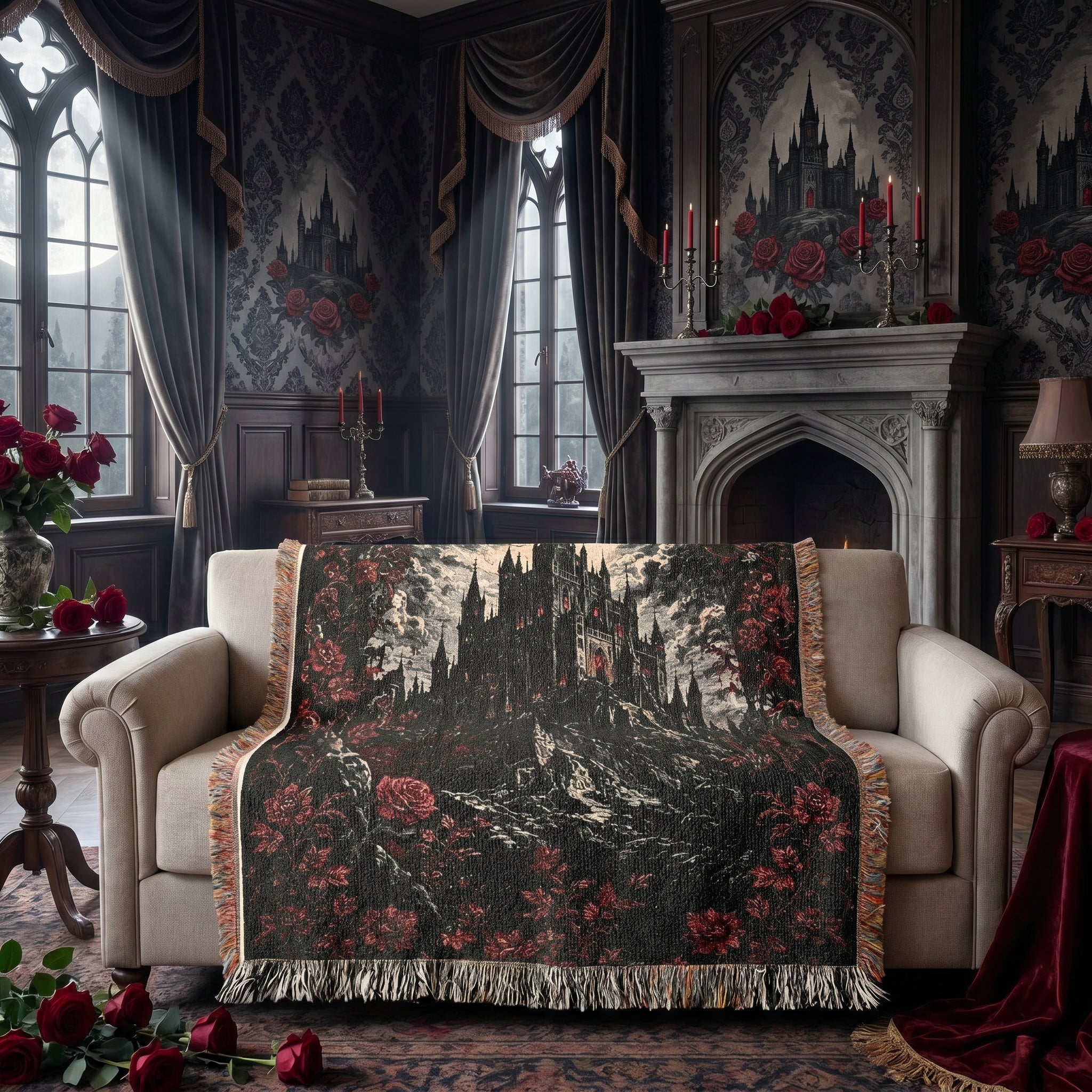 Vampire Castle Woven Blanket – Gothic Floral Throw