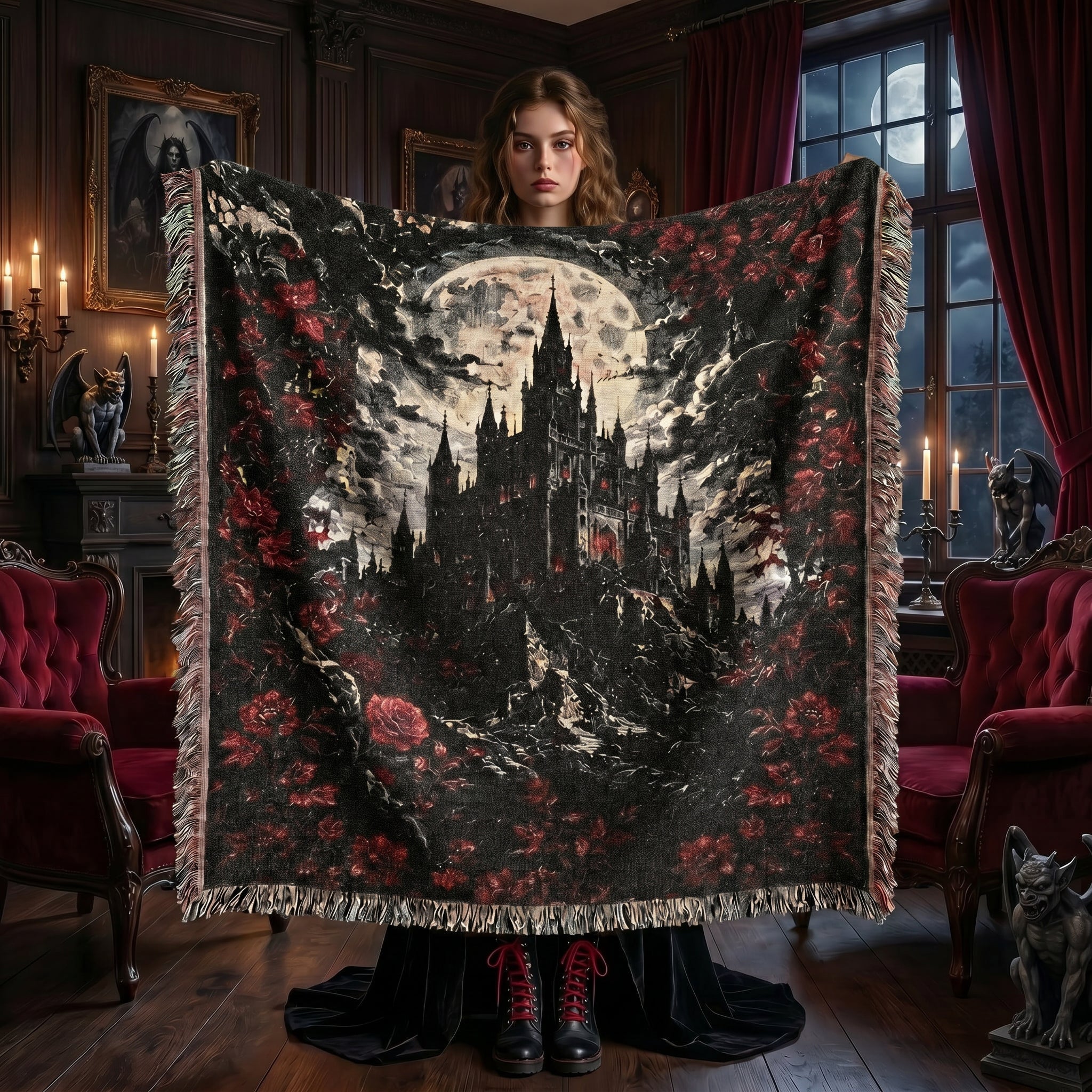 Vampire Castle Woven Blanket – Gothic Floral Throw