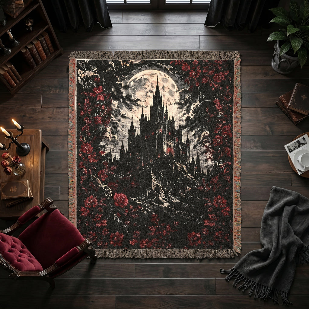 Vampire Castle Woven Blanket – Gothic Floral Throw