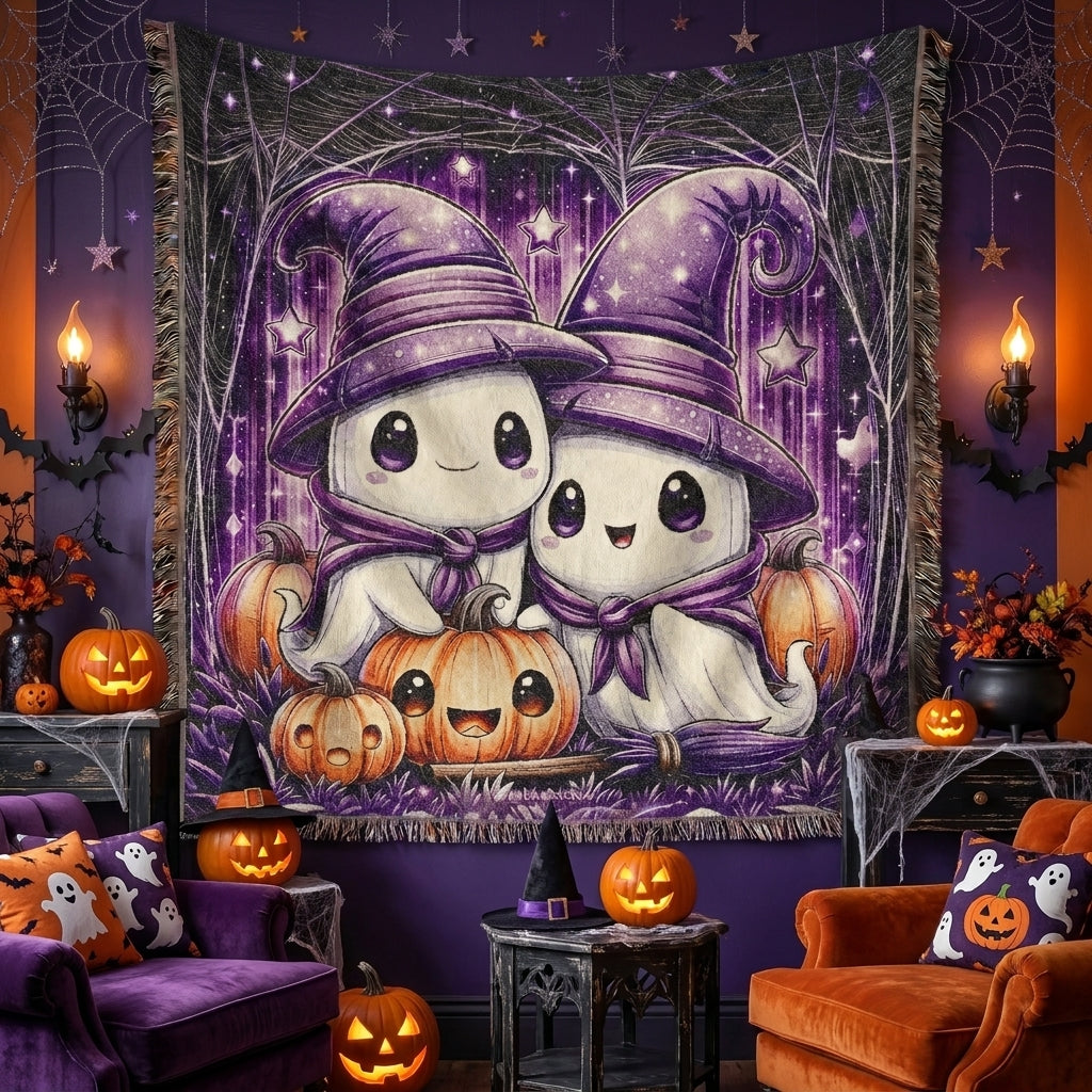 Cute Halloween Ghost Kids Woven Blanket – Spooky Purple Throw