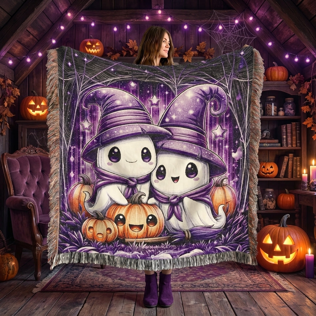 Cute Halloween Ghost Kids Woven Blanket – Spooky Purple Throw