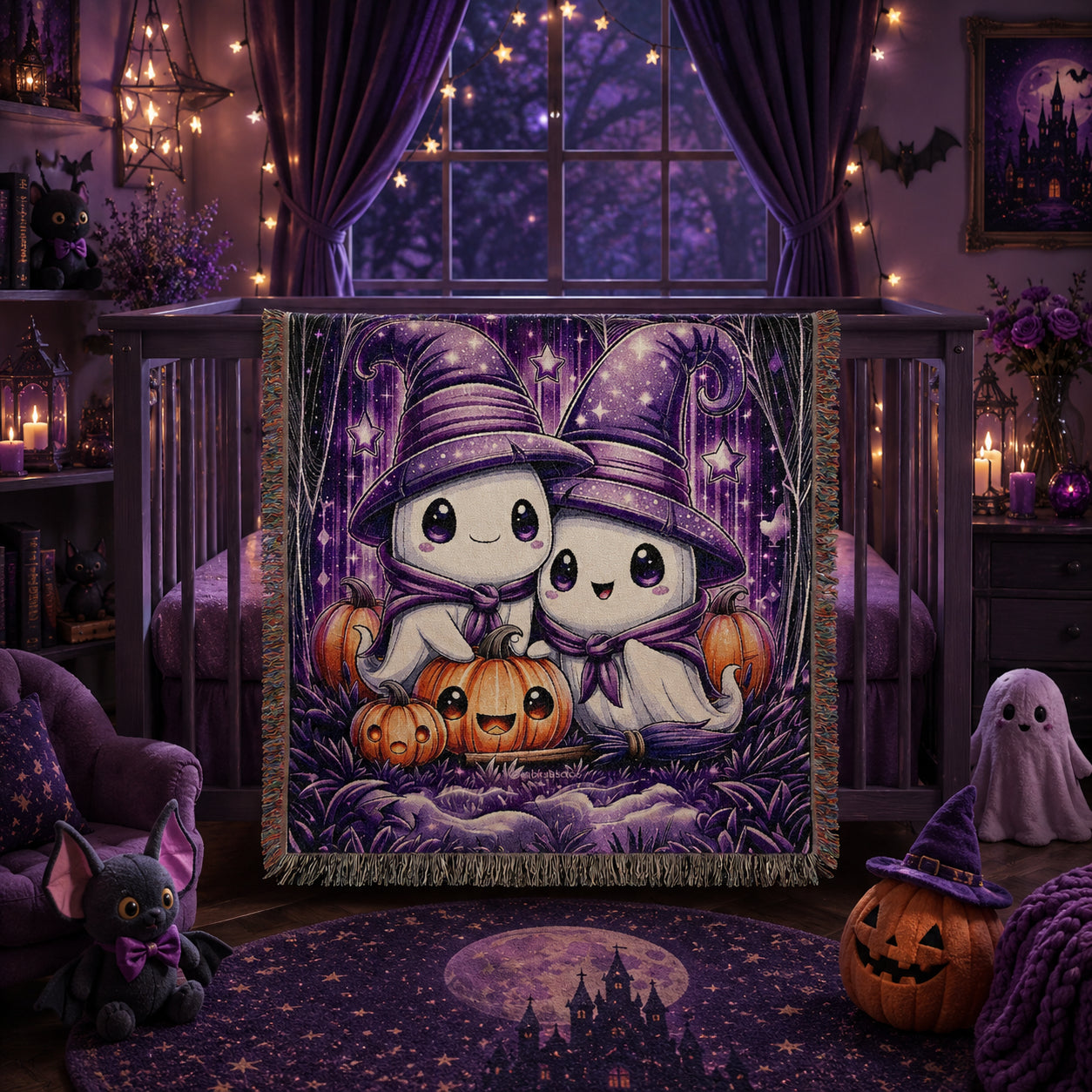 Cute Halloween Ghost Kids Woven Blanket – Spooky Purple Throw