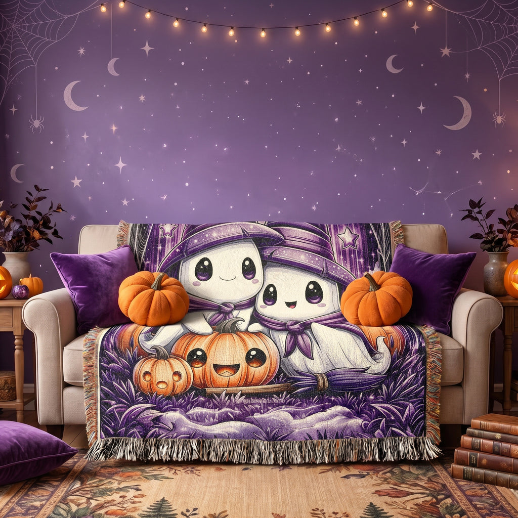 Cute Halloween Ghost Kids Woven Blanket – Spooky Purple Throw
