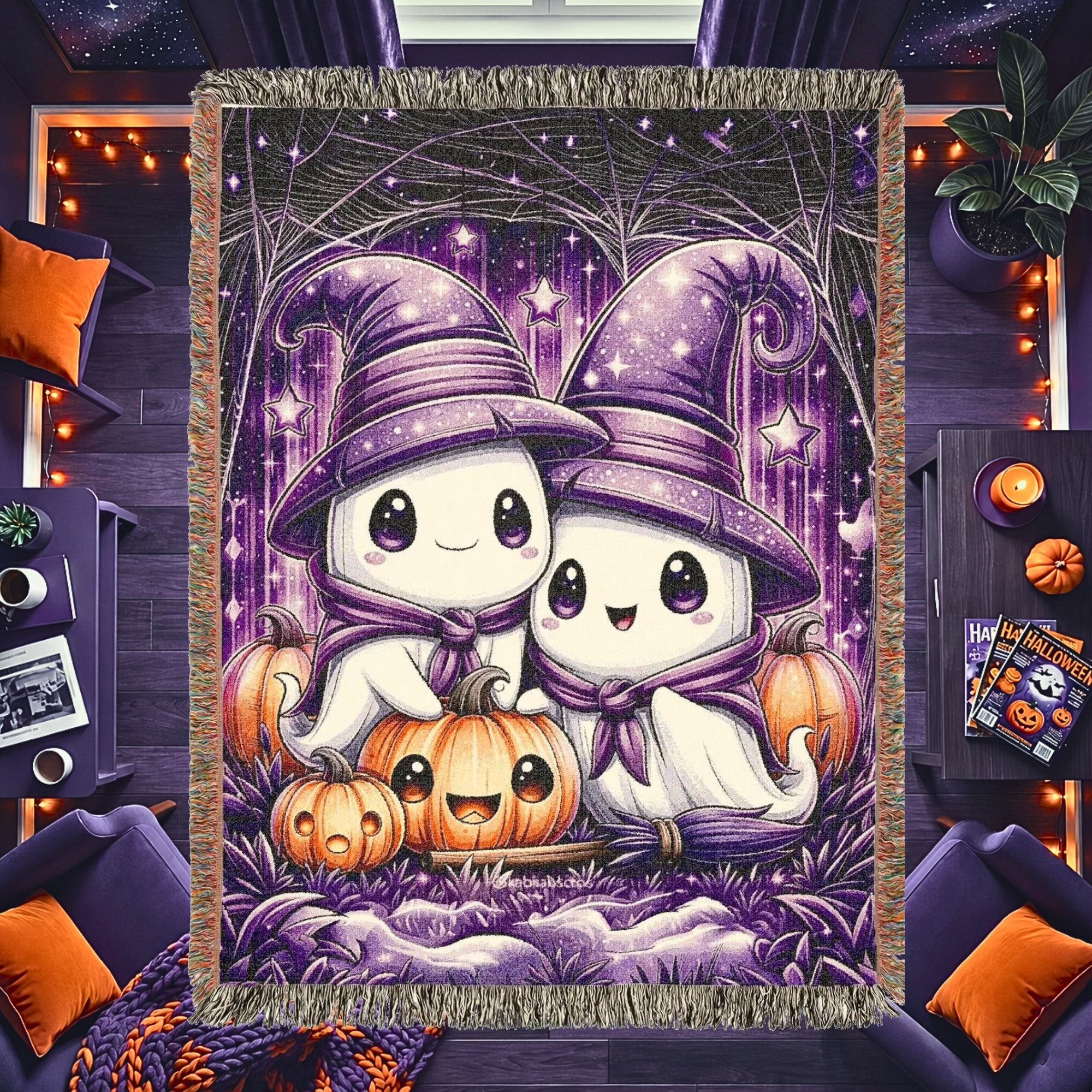 Cute Halloween Ghost Kids Woven Blanket – Spooky Purple Throw