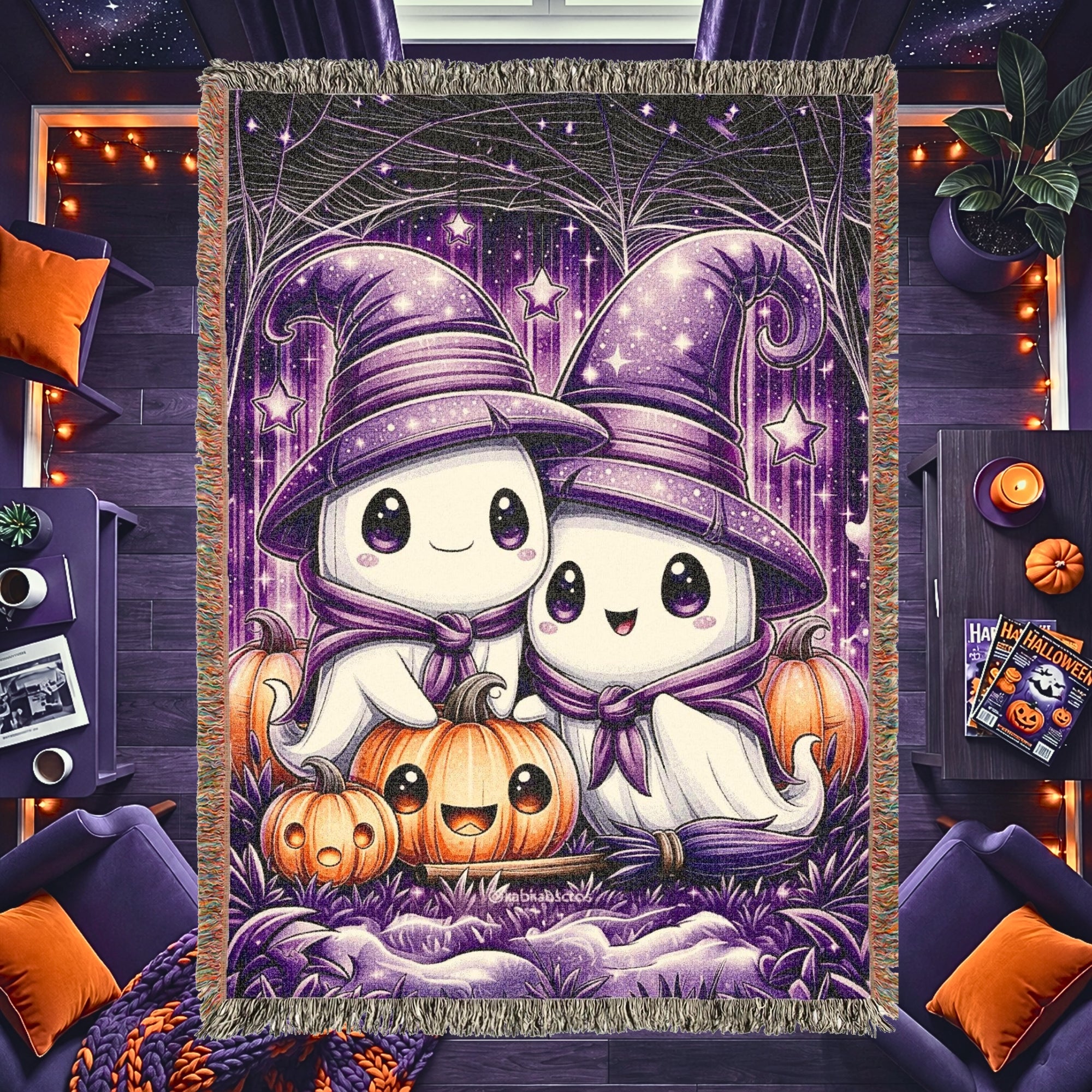 Cute Halloween Ghost Kids Woven Blanket – Spooky Purple Throw