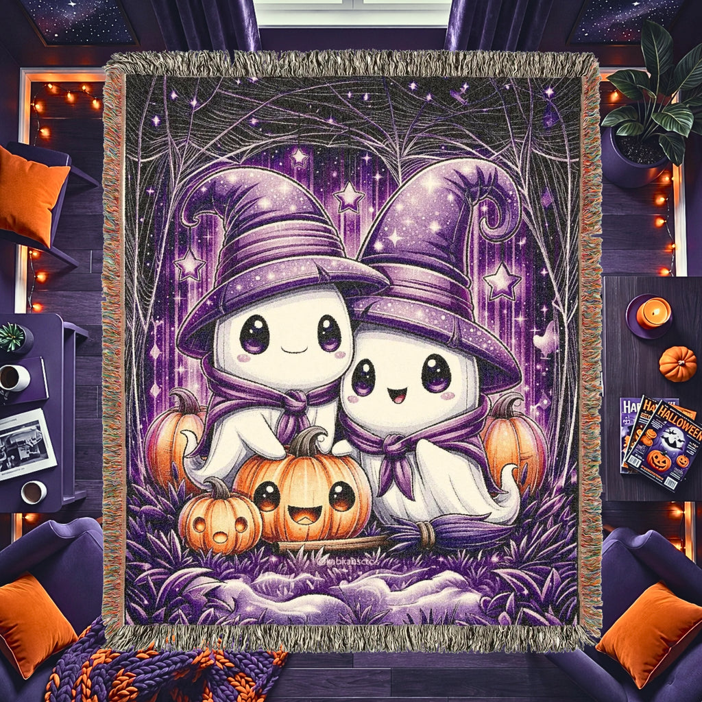 Cute Halloween Ghost Kids Woven Blanket – Spooky Purple Throw