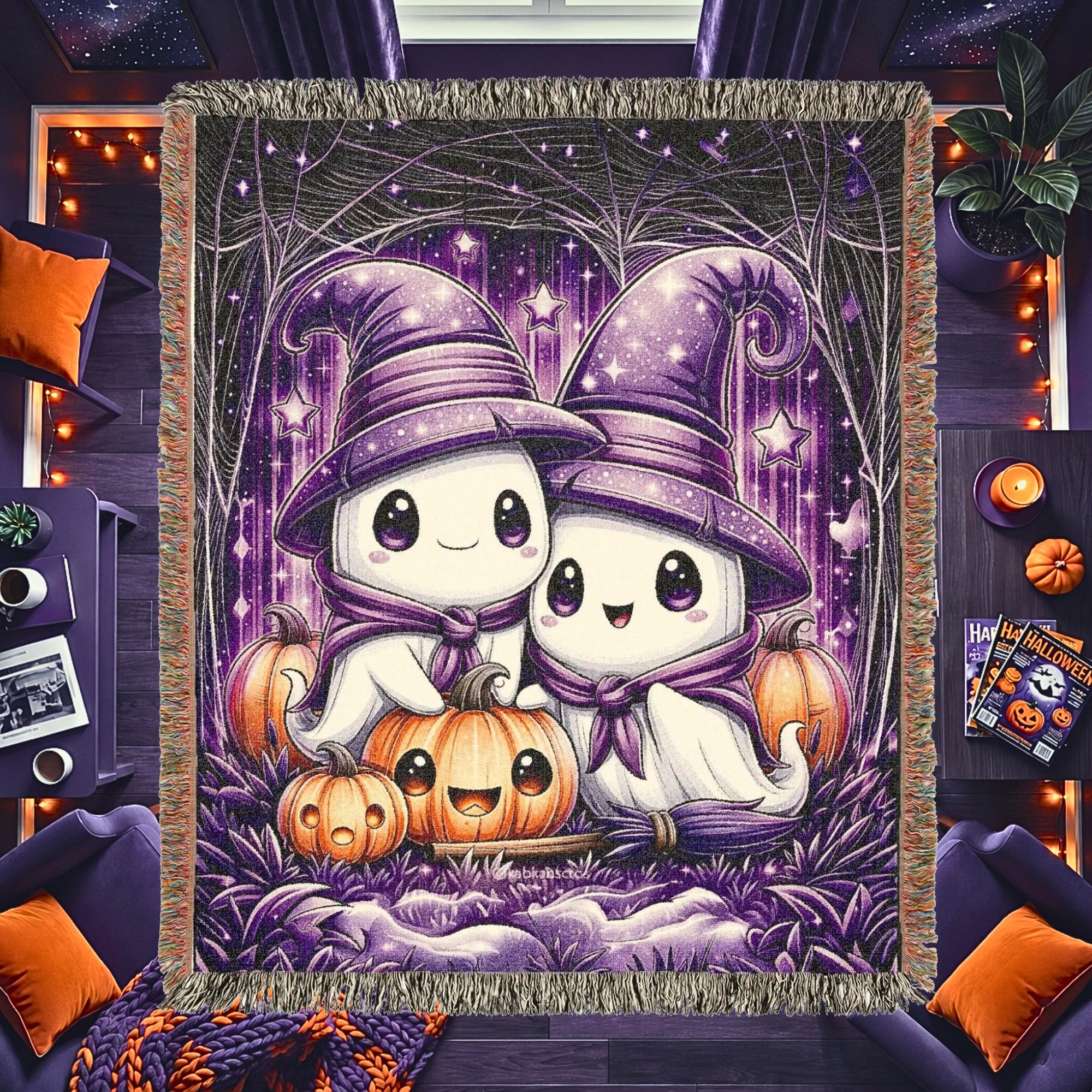 Cute Halloween Ghost Kids Woven Blanket – Spooky Purple Throw