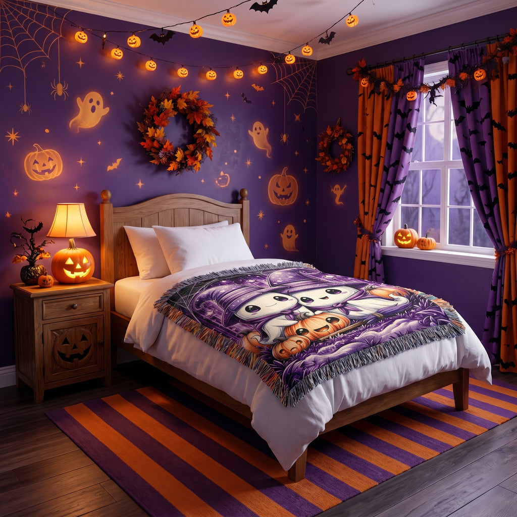 Cute Halloween Ghost Kids Woven Blanket – Spooky Purple Throw