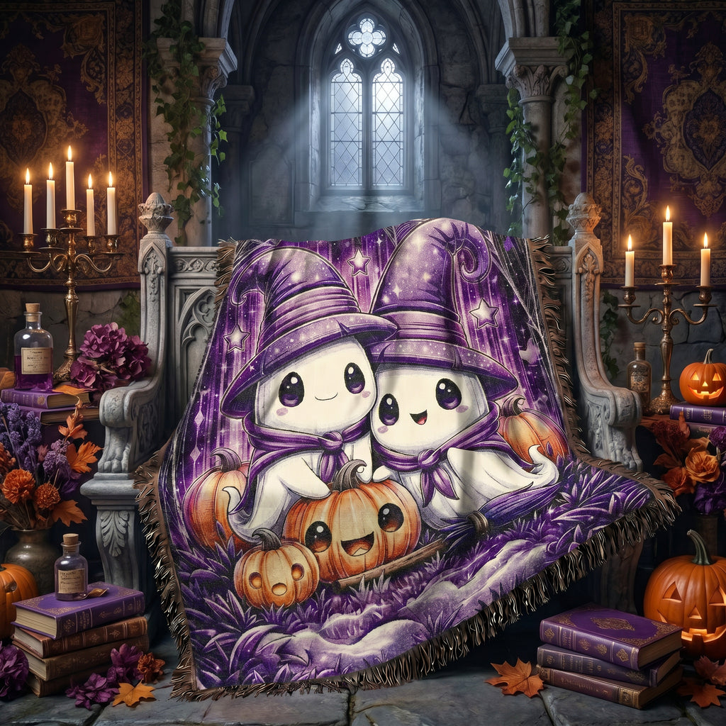 Cute Halloween Ghost Kids Woven Blanket – Spooky Purple Throw