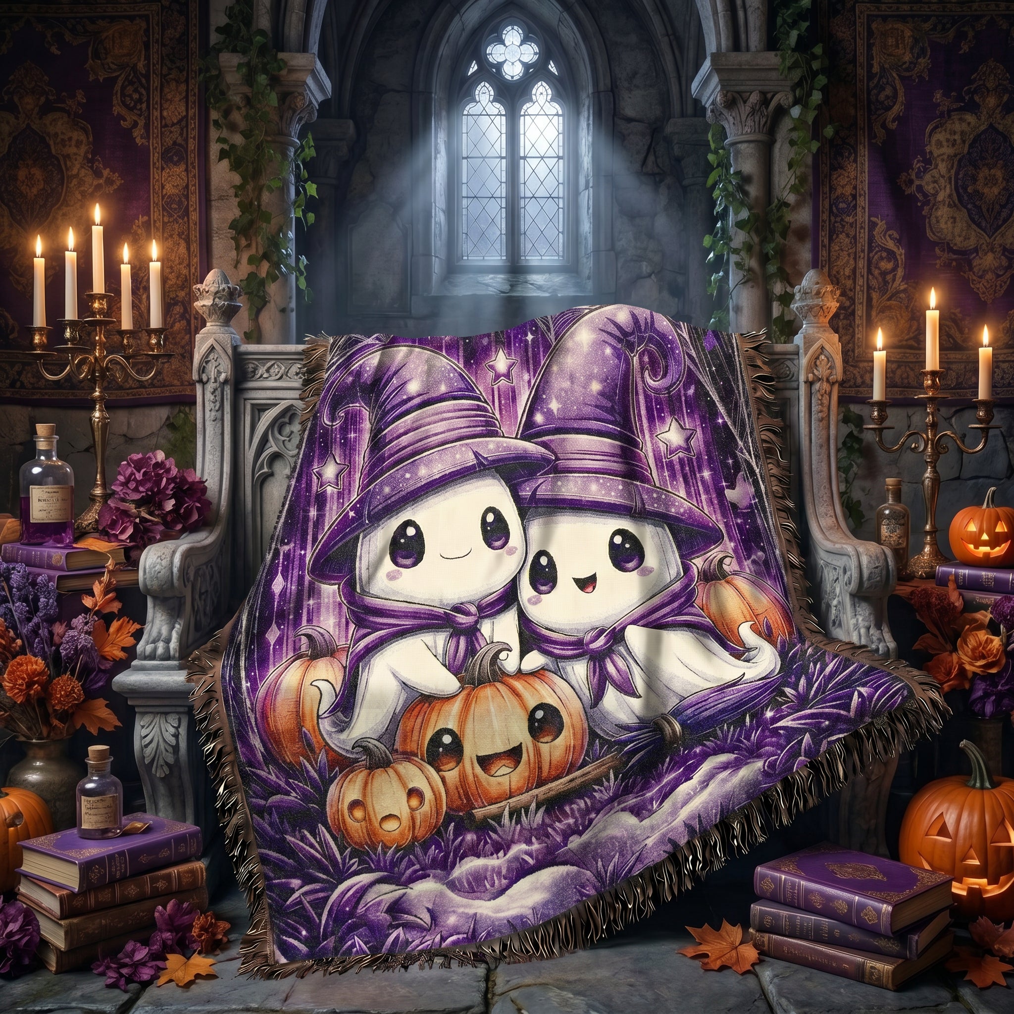 Cute Halloween Ghost Kids Woven Blanket – Spooky Purple Throw