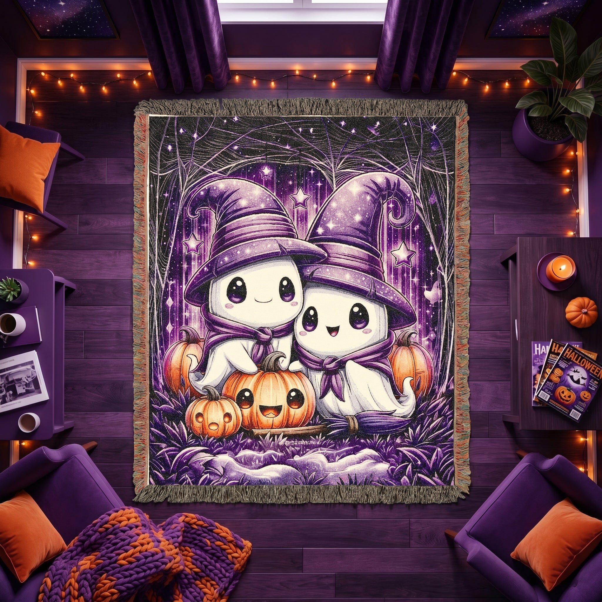 Cute Halloween Ghost Kids Woven Blanket – Spooky Purple Throw