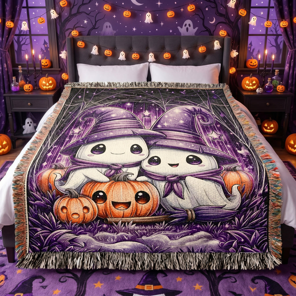 Cute Halloween Ghost Kids Woven Blanket – Spooky Purple Throw