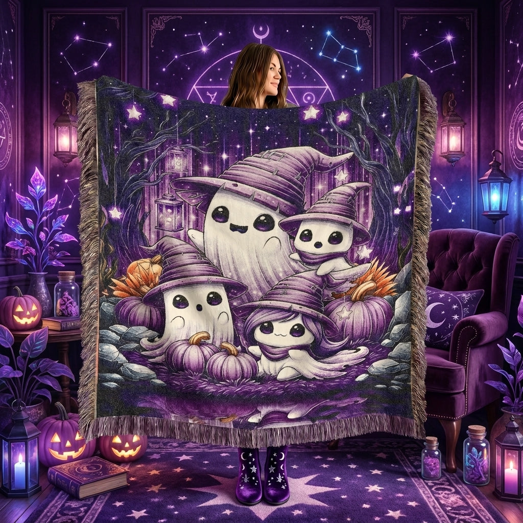 Ghost Family Halloween Kids Woven Blanket – Purple Witchy Throw