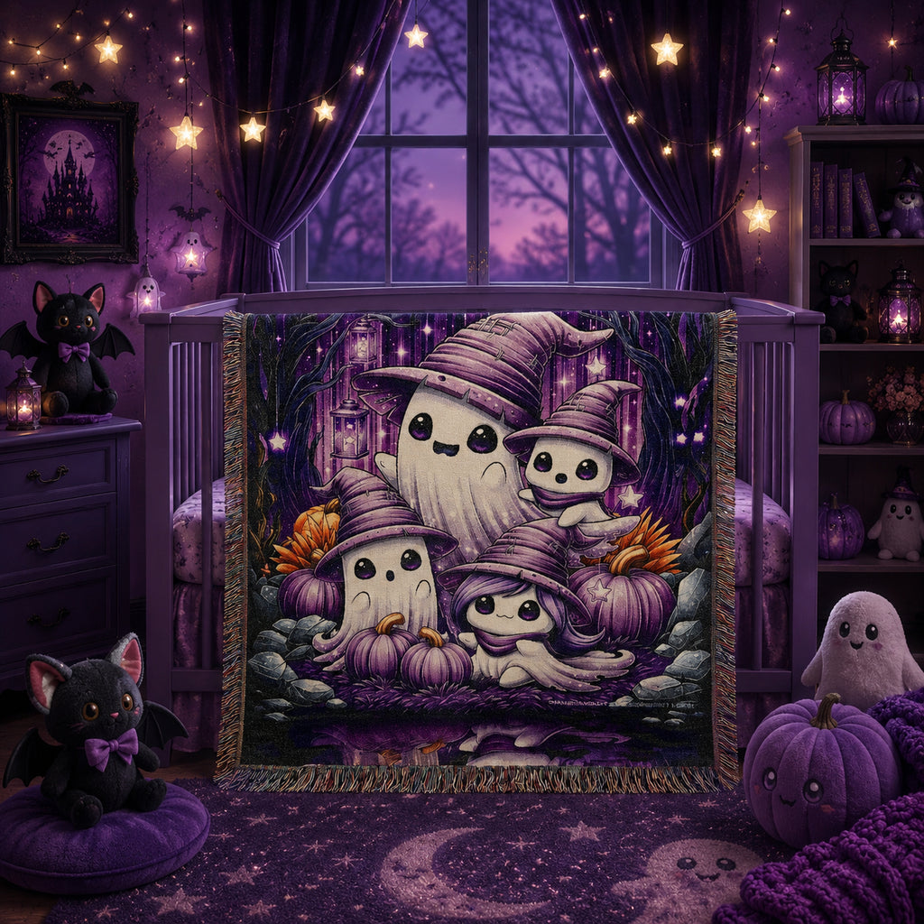 Ghost Family Halloween Kids Woven Blanket – Purple Witchy Throw