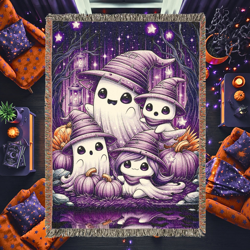 Ghost Family Halloween Kids Woven Blanket – Purple Witchy Throw