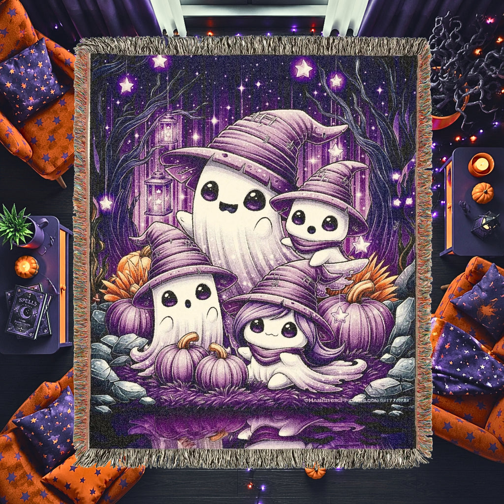 Ghost Family Halloween Kids Woven Blanket – Purple Witchy Throw
