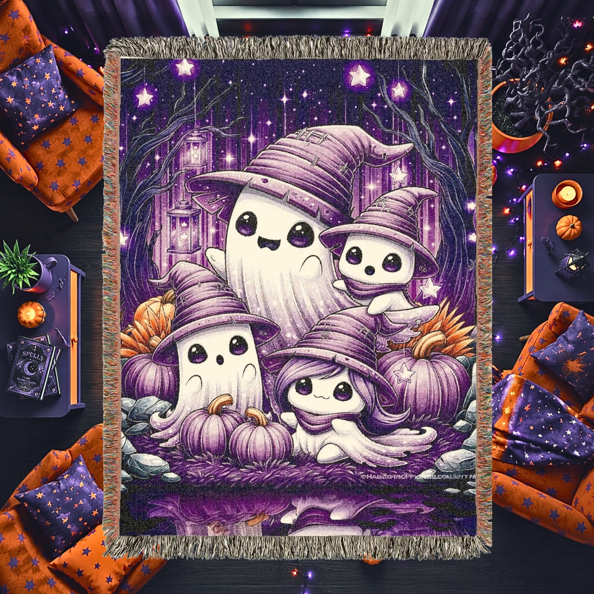 Ghost Family Halloween Kids Woven Blanket – Purple Witchy Throw