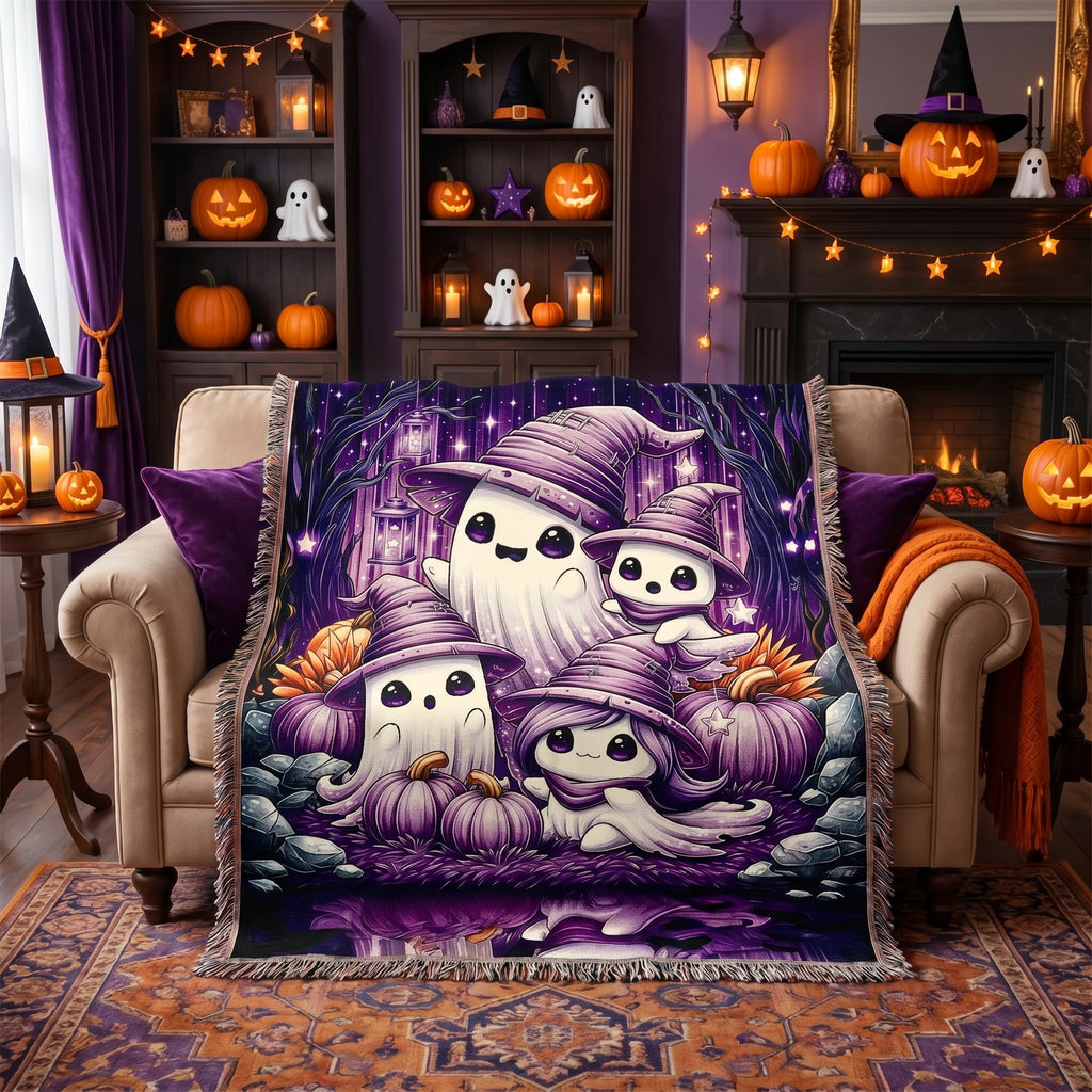 Ghost Family Halloween Kids Woven Blanket – Purple Witchy Throw